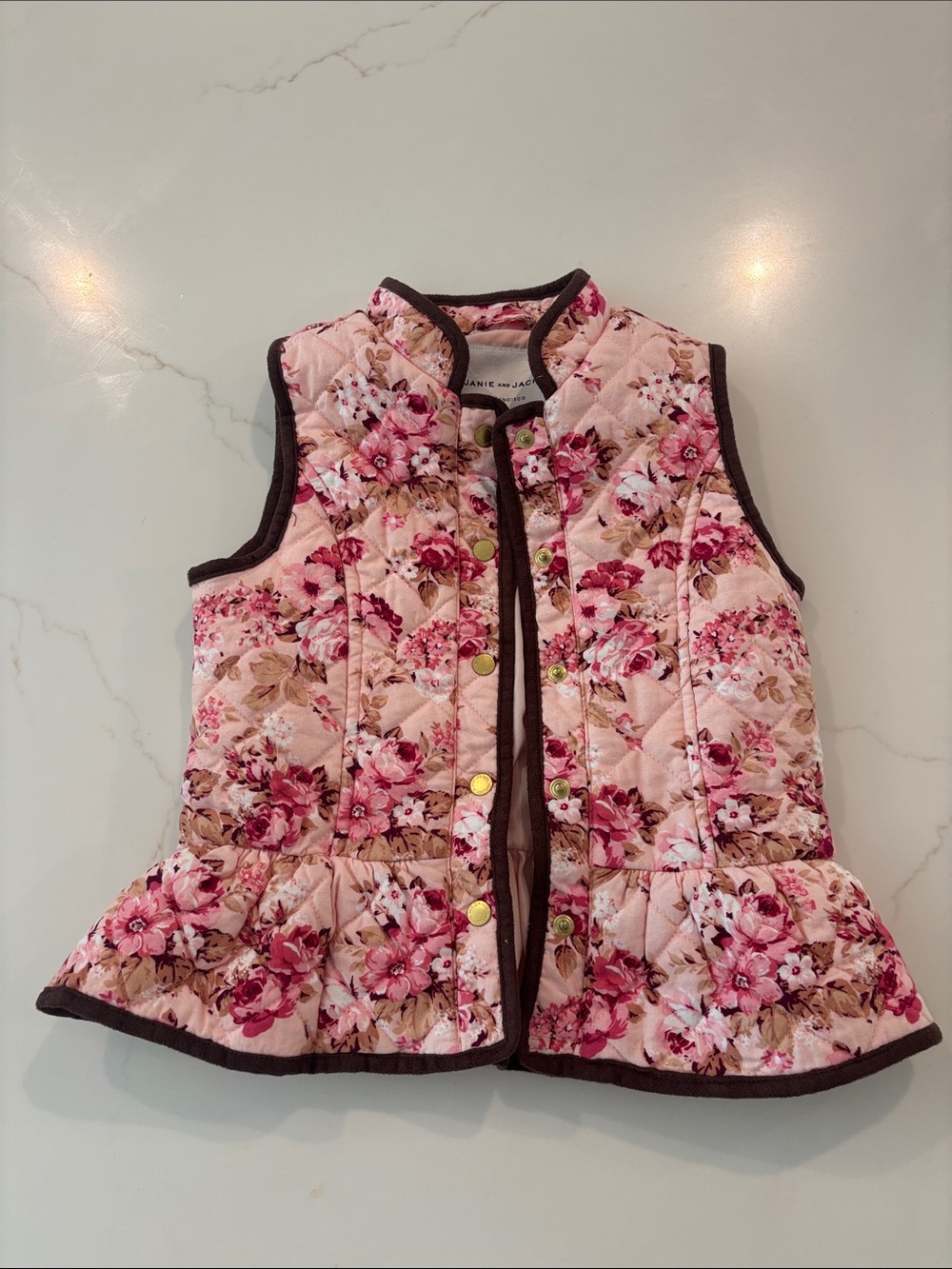 Janie and Jack Pink Floral Quilted Vest with Brown Trim